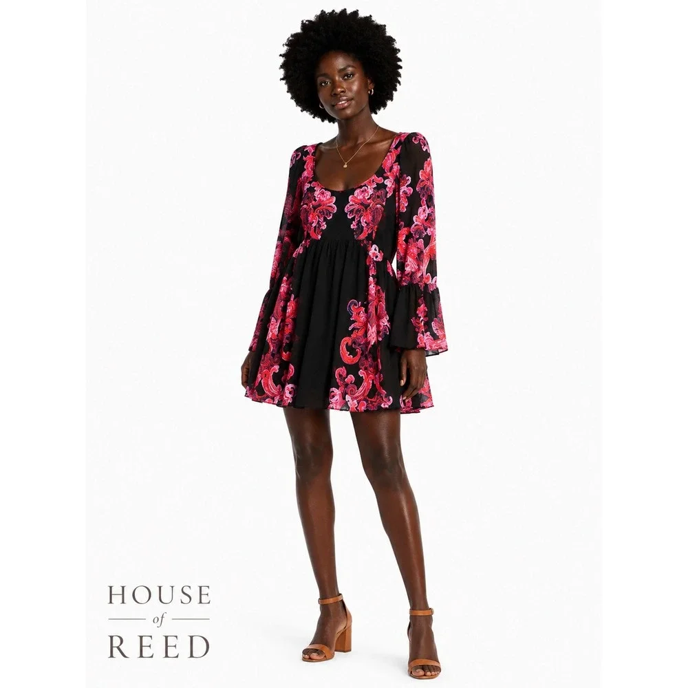 Free People Intimately Pink Red Floral Bell Sleeve Mini Dress Small OB86170